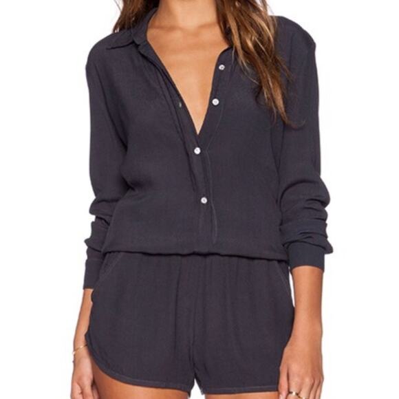 Monrow Crepe Long Sleeve Romper XS Blue Half Button Rayon Minimalist Relaxed Fit - Picture 1 of 10